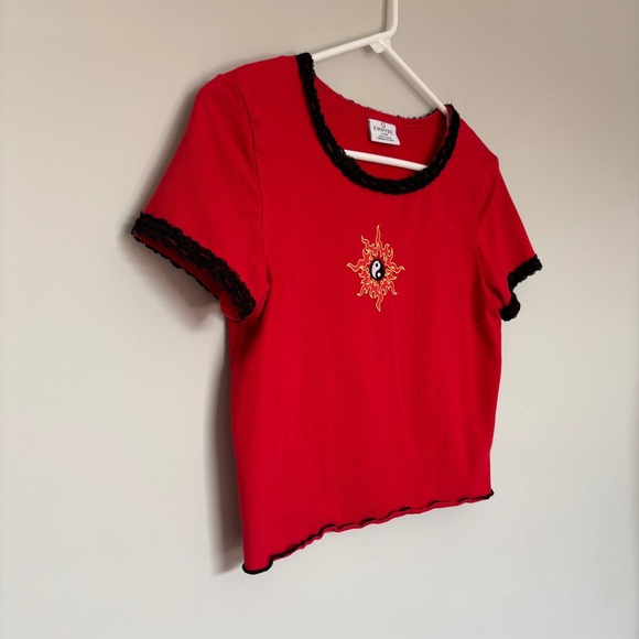 Empyre Women's Large Top Cropped Yin Yang Black Lace Trim 90s Punk Red Coachella - Picture 3 of 8